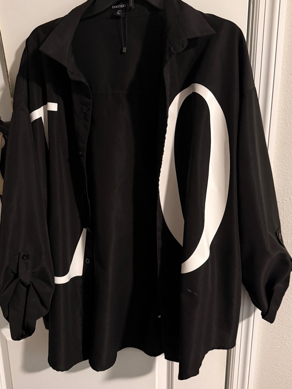 Boohoo Black Oversized Button-Up Shirt with LOVE White Graphic Detail